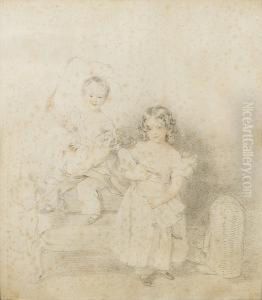 A Boy And A Girl; He Wearing
Dress With Sashed Waist And Puffed Sleeves, Pantalettes And
Ankle-strapped Shoes, Standing In An Armchair With A Riding Crop In His
Raised Right Hand; She Wearing Dress With Puffed And Frilled Sleeves,
Pantalettes And by William Charles Ross