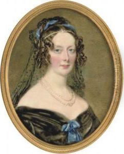 A Lady Of The Airlie Family, In
Off-the-shoulder Black Velvet Dress With Bright Blue Ribbon Tied At
Corsage, Double Strand Pearl Necklace, Strand Of Pearls And Bright Blue
Ribbon Twisted In Her Dark Hair Dressed In Ringlets, Falling Black
Spotted by William Charles Ross