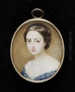 A Lady, Wearing Blue Dress With White Lace Trim And Black Bandeau In Her Hair A Lady, Wearing Blue Dress With White Lace Trim And Black Bandeau In Her Hair
