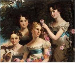 The Aldridge Children, Elize, Charlotte, Harriet, Julia And Mr. Aldridge's Dog Venture by William Charles Ross
