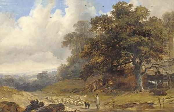 A shepherd with his flock in an extensive landscape - view 1