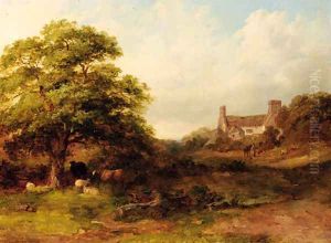 Cattle and sheep in a wooded landscape with a cottage beyond by John Dearman