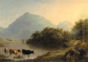 View near Beddgelert, North Wales, with cattle watering in the foreground View near Beddgelert, North Wales, with cattle watering in the foreground