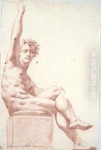 A seated nude wearing a crown of oak leaves, his right arm raised by Cesare Dandini