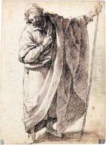 A Standing Figure Of A Man Wearing A Cloak And Holding A Stick