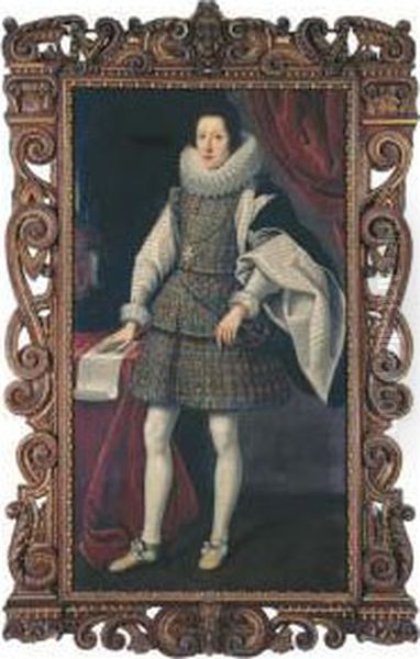 Portrait Of Ferdinando Ii De'
Medici (1610-1670), Full-length, In Agold-embroidered Dress With Lace
Ruff Collar, Wearing The Order Ofsanto Stefano, With His Right Hand
Resting On The Plan Of Afortress - view 1