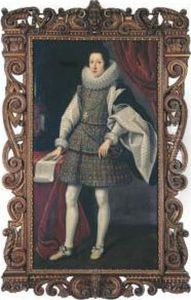 Portrait Of Ferdinando Ii De'
Medici (1610-1670), Full-length, In Agold-embroidered Dress With Lace
Ruff Collar, Wearing The Order Ofsanto Stefano, With His Right Hand
Resting On The Plan Of Afortress by Matteo Rosselli