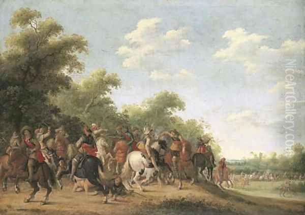 A wooded landscape with a cavalry skirmish - view 1