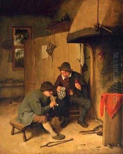 Peasants drinking and smoking in a kitchen interior by Cornelis Dusart
