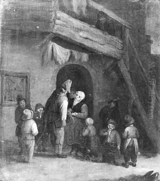 A hurdy-gurdy player accompanied by children by a farm - view 1