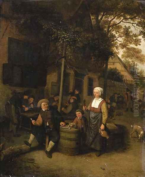 A maid serving a peasant seated by a barrel outside an inn - view 1