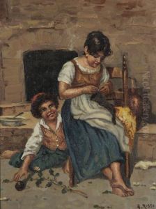 Jeune Fille Tricotant Et Enfant S'amusant
