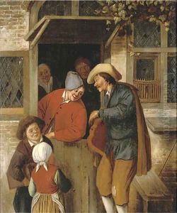A peddlar at a doorway by Cornelis Dusart