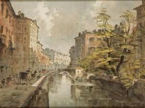 Vedute Del Naviglio Pavese Con Carrozze E Personaggi