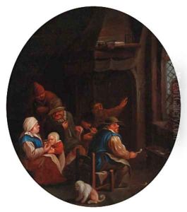 Peasants in an interior by Cornelis Dusart
