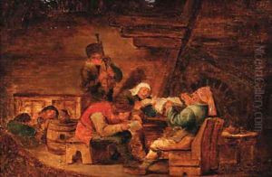 Peasants making music in a cottage by Cornelis Dusart