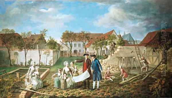 The grounds of a farmhouse with an architect showing his plans to an elegant family, builders nearby - view 1