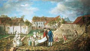 The grounds of a farmhouse with an architect showing his plans to an elegant family, builders nearby