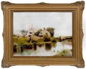 House With Pond And Blossoming Tree by Lucius Rossi