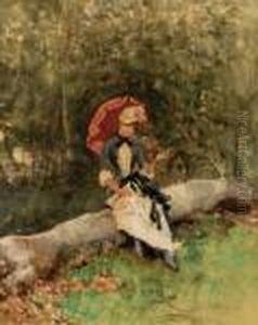 A Young Lady Resting In A Wood by Lucius Rossi