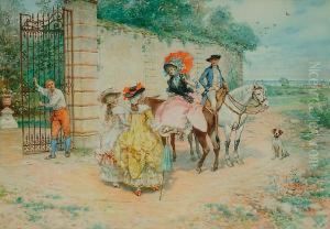 A Riding Party Outside A Walled Garden