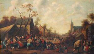 Peasants drinking and eating at tables in a village street by Joost Cornelisz. Droochsloot
