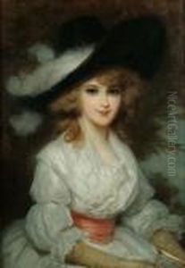 Portrait Of A Lady Wearing A White Dress And Black Hat In The 18th Century Style by Luigi Rossi