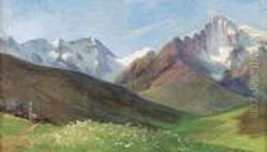 Gebirgslandschaft Mit Fernem Dorf Und Blumenwiese. by Luigi Rossi
