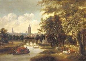 A view of Delft from the north with the Leiden ferry