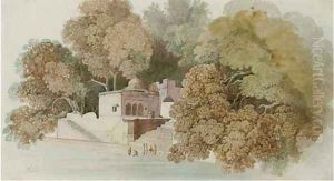 An Indian residence with figures washing in the river below by William Daniell RA
