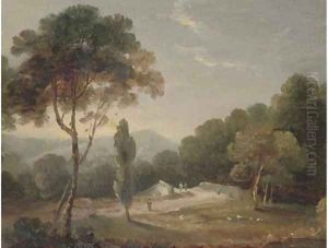 An Italianate landscape; and A castle by a lake by William Daniell RA