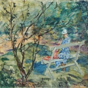 Woman In The Garden On A White Bench