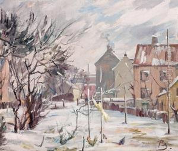 A Snow Covered Cityscape. Signed Monogram - view 1