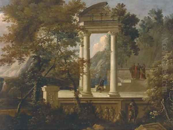 An extensive mountainous wooded landscape with figures conversing amongst classical ruins - view 1