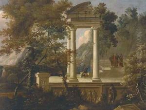 An extensive mountainous wooded landscape with figures conversing amongst classical ruins by Adriaen Van Diest