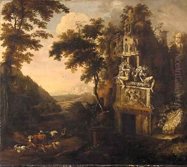 An Italianate landscape with a drover and his herd amongst ruins - view 1