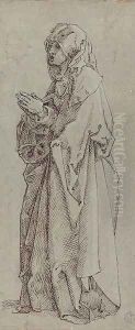 A heavily draped female figure turned to the left, her hands clasped in prayer by Albrecht Durer
