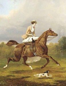 A lady riding side saddle by Alfred Dedreux