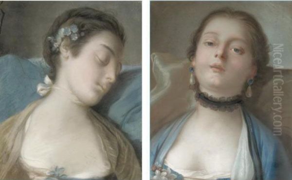 Portrait Of A Sleeping Girl,
Head And Shoulders, Wearing A Pink Dress; Portrait Of A Girl, Head And
Shoulders, Wearing Blue Dress And A Lace Choker - view 1