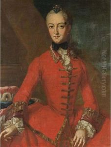 A Portrait Of A Noblewoman,
Three-quarter Length, Wearing A Red Dress With Lace Sleeves And Collar by Pietro Antonio Rotari
