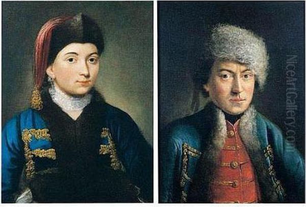 Portrait Of A Lady And A
Gentleman, Half-length, The Former Wearing A Black Hat, A Silk Collar
And A Brown Fur Above A Blue Coat, The Latter A Grey Hat With A Blue
Coat Above A Red Jacket - view 1