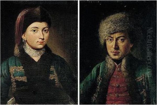 Portraits Of A Gentleman And A 
Lady, Half Lengths, He Wearing A Blue Coat And Fur Hat, She A Blue Coat 
With Gold Braid And A Fur Hat - view 1