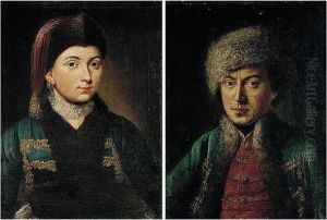 Portraits Of A Gentleman And A
Lady, Half Lengths, He Wearing A Blue Coat And Fur Hat, She A Blue Coat
With Gold Braid And A Fur Hat by Pietro Antonio Rotari