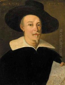 Portrait of a gentleman, half-length, wearing a hat, holding a drawing by Anthonis Mor Van Dashorst