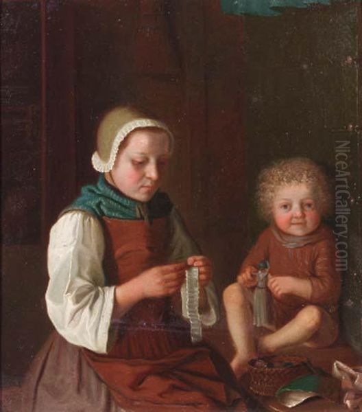 A Woman Sewing By A Table - view 1