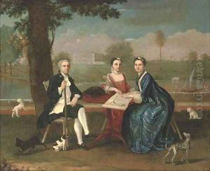 Group portrait of a naval officer and two ladies by Arthur Devis