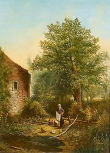 Landschaft Mit Frau Und Kind Vor Einem Haus. - view 1