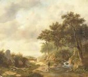 A Summer Landscape With Figures By A Stream by Georg Andries Roth