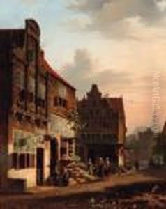 A View In A City With Villagers Conversing At A Grocery by Georg Andries Roth