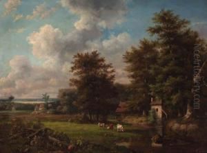 Panoramic Landscape With Cattle By A Stream by Georg Andries Roth